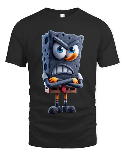 Angry Cartoon Sponge Character Art Tee Funny Grumpy Mood Style - black t-shirt on white background