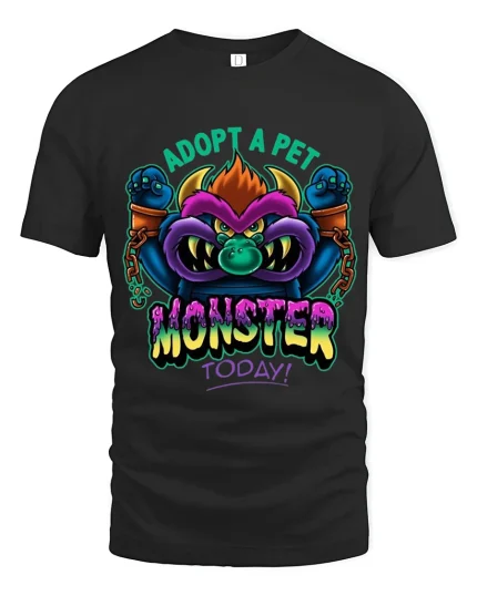 Adopt A Pet Monster Art Tee Funny Cute Fierce Cartoon Style - black t-shirt on white background