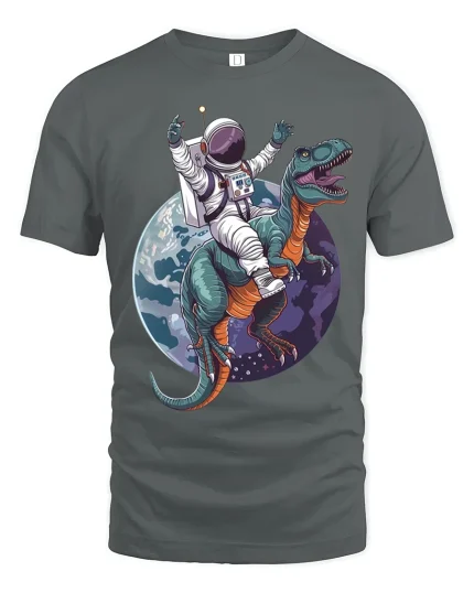 Astronaut Riding Dinosaur Space Adventure Art Tee Funny Sci Fi - gray t-shirt on white background