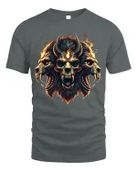 Fiery Demon Skull Trio Art Tee Dark Fantasy Power Design - gray t-shirt on white background