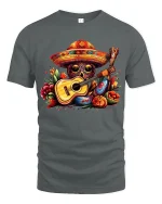 Colorful Skull Guitar Art Tee Vibrant Music Fiesta Illustration - gray t-shirt on white background