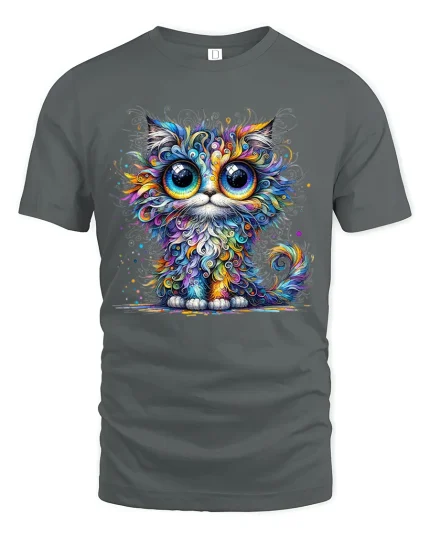 Colorful Big Eye Kitty Art Tee Cute Psychedelic Cat Design - gray t-shirt on white background