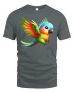 Cute Colorful Flying Parrot Art Tee Bright Tropical Style - gray t-shirt on white background