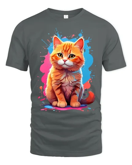 Cute Orange Kitty Paint Splash Art Tee Adorable Cat Illustration - gray t-shirt on white background