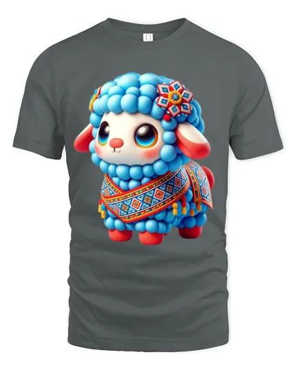 Cute Blue Sheep Folk Art Tee Adorable Colorful Animal Design - gray t-shirt on white background