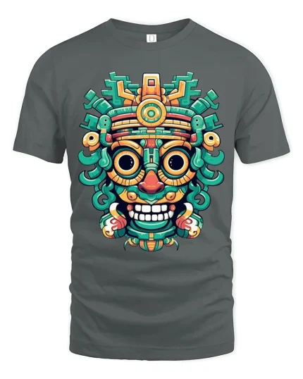 Colorful Tribal Mask Art Tee Bold Aztec Inspired Street Design - gray t-shirt on white background