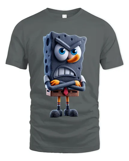 Angry Cartoon Sponge Character Art Tee Funny Grumpy Mood Style - gray t-shirt on white background