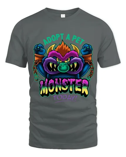 Adopt A Pet Monster Art Tee Funny Cute Fierce Cartoon Style - gray t-shirt on white background
