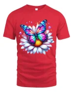 Colorful Butterfly Flower Art Tee Magical Nature Illustration - red t-shirt on white background