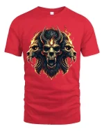 Fiery Demon Skull Trio Art Tee Dark Fantasy Power Design - red t-shirt on white background