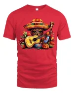 Colorful Skull Guitar Art Tee Vibrant Music Fiesta Illustration - red t-shirt on white background