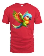 Cute Colorful Flying Parrot Art Tee Bright Tropical Style - red t-shirt on white background