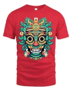 Colorful Tribal Mask Art Tee Bold Aztec Inspired Street Design - red t-shirt on white background