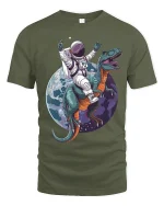 Astronaut Riding Dinosaur Space Adventure Art Tee Funny Sci Fi - military green t-shirt on white background