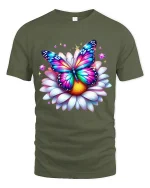 Colorful Butterfly Flower Art Tee Magical Nature Illustration - military green t-shirt on white background