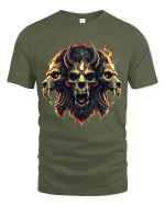 Fiery Demon Skull Trio Art Tee Dark Fantasy Power Design - military green t-shirt on white background