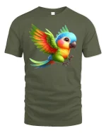 Cute Colorful Flying Parrot Art Tee Bright Tropical Style - military green t-shirt on white background