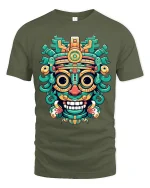 Colorful Tribal Mask Art Tee Bold Aztec Inspired Street Design - military green t-shirt on white background