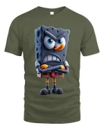 Angry Cartoon Sponge Character Art Tee Funny Grumpy Mood Style - military green t-shirt on white background