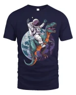 Astronaut Riding Dinosaur Space Adventure Art Tee Funny Sci Fi - navy t-shirt on white background