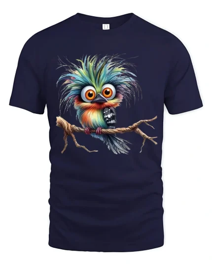 Cute Colorful Fluffy Bird Art Tee Whimsical Fantasy Illustration - navy t-shirt on white background