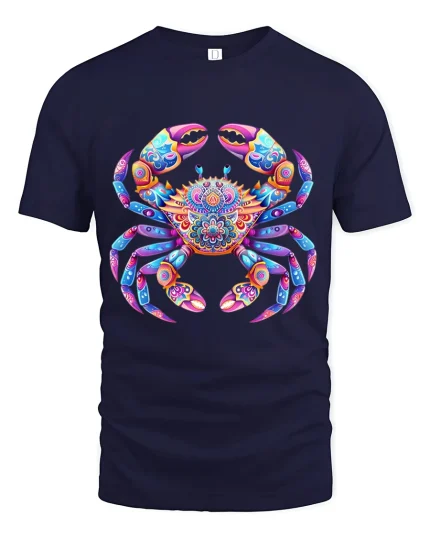 Colorful Mandala Crab Art Tee Vibrant Ocean Inspired Design - navy t-shirt on white background