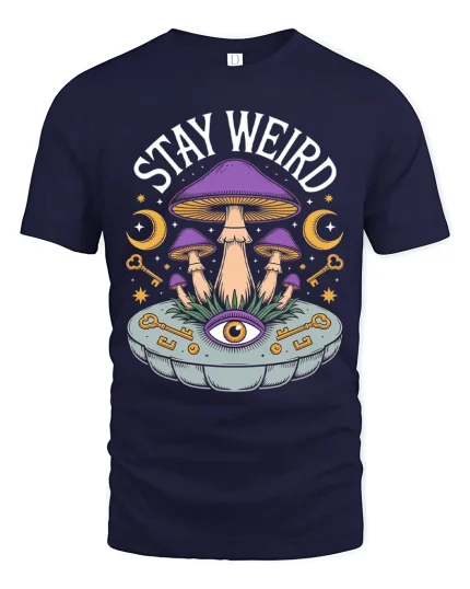 Stay Weird Psychedelic Mushroom Eye Art Tee Cosmic Style - navy t-shirt on white background