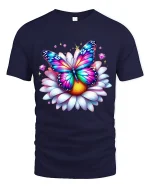 Colorful Butterfly Flower Art Tee Magical Nature Illustration - navy t-shirt on white background