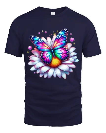 Colorful Butterfly Flower Art Tee Magical Nature Illustration - navy t-shirt on white background