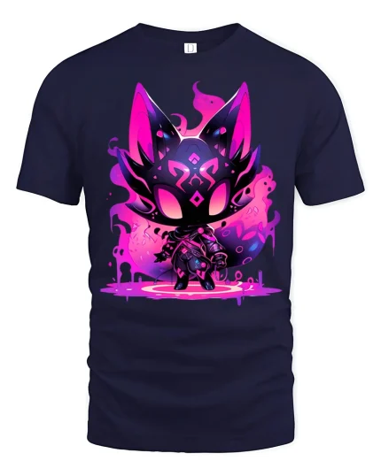 Neon Fox Spirit Art Tee Glowing Fantasy Character Design - navy t-shirt on white background