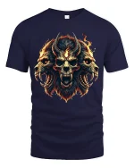 Fiery Demon Skull Trio Art Tee Dark Fantasy Power Design - navy t-shirt on white background