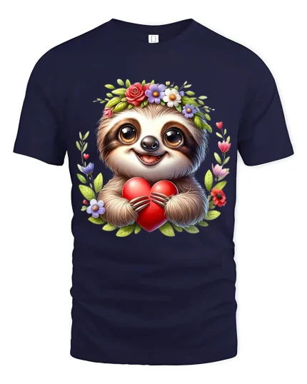 Cute Sloth Holding Heart Art Tee Adorable Love Illustration - navy t-shirt on white background