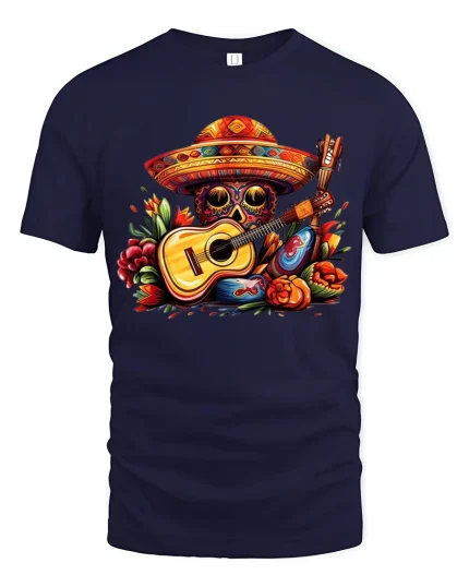 Colorful Skull Guitar Art Tee Vibrant Music Fiesta Illustration - navy t-shirt on white background