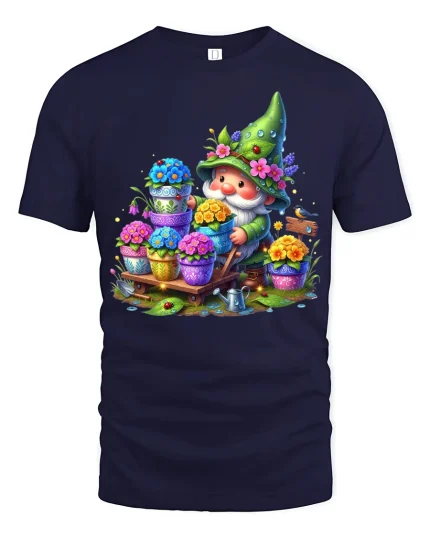 Cute Garden Gnome Flower Art Tee Whimsical Fantasy Illustration - navy t-shirt on white background