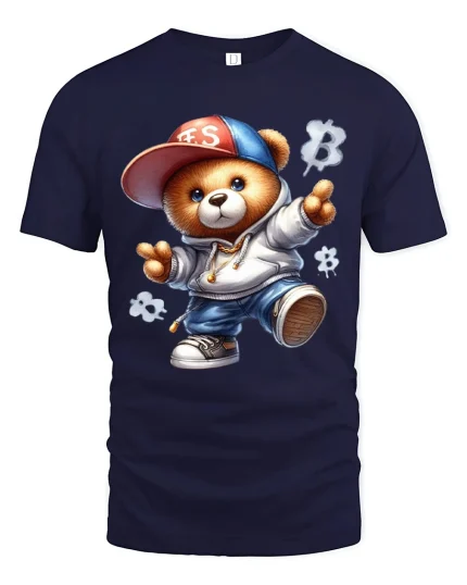 Cool Street Teddy Bear Art Tee Cute Hip Hop Style - navy t-shirt on white background