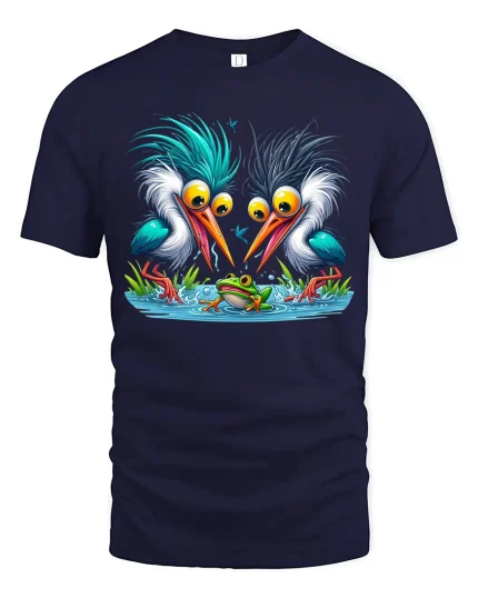 Funny Big Eye Birds Watching Frog Art Tee Whimsical Nature - navy t-shirt on white background