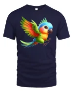 Cute Colorful Flying Parrot Art Tee Bright Tropical Style - navy t-shirt on white background