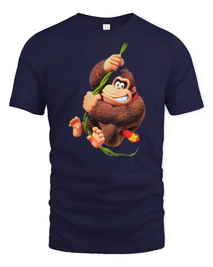 Funny Jungle Ape Swinging Vine Cartoon Art Tee Playful Style - navy t-shirt on white background