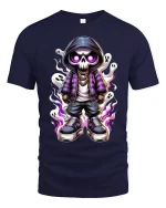 Dark Street Skull Hoodie Art Tee Cool Ghost Urban Style - navy t-shirt on white background