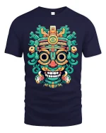 Colorful Tribal Mask Art Tee Bold Aztec Inspired Street Design - navy t-shirt on white background