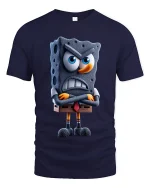 Angry Cartoon Sponge Character Art Tee Funny Grumpy Mood Style - navy t-shirt on white background