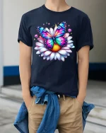 Colorful Butterfly Flower Art Tee Magical Nature Illustration - model wearing navy tee with hands in pockets