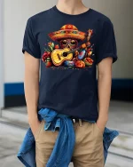 Colorful Skull Guitar Art Tee Vibrant Music Fiesta Illustration - model wearing navy tee with hands in pockets