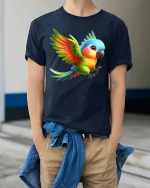 Cute Colorful Flying Parrot Art Tee Bright Tropical Style - model wearing navy tee with hands in pockets