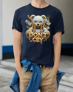 Dont Cry Money Teddy Bear Cartoon Art Tee Bold Street Style - model wearing navy tee with hands in pockets
