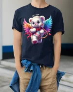 Cute Angel Bear Cupid Art Tee Adorable Love Fantasy Illustration - model wearing navy tee with hands in pockets