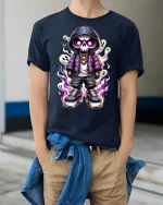 Dark Street Skull Hoodie Art Tee Cool Ghost Urban Style - model wearing navy tee with hands in pockets