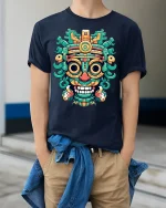 Colorful Tribal Mask Art Tee Bold Aztec Inspired Street Design - model wearing navy tee with hands in pockets