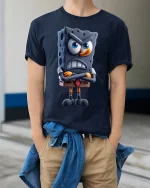 Angry Cartoon Sponge Character Art Tee Funny Grumpy Mood Style - model wearing navy tee with hands in pockets