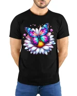 Colorful Butterfly Flower Art Tee Magical Nature Illustration - model wearing black tee with hands behind back